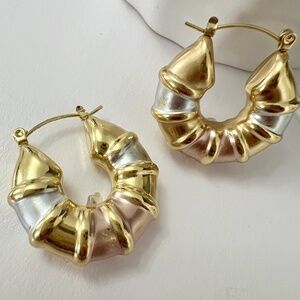 Tri Color Bamboo Hoop Earrings Stainless Steel Jewelry Womens NEW